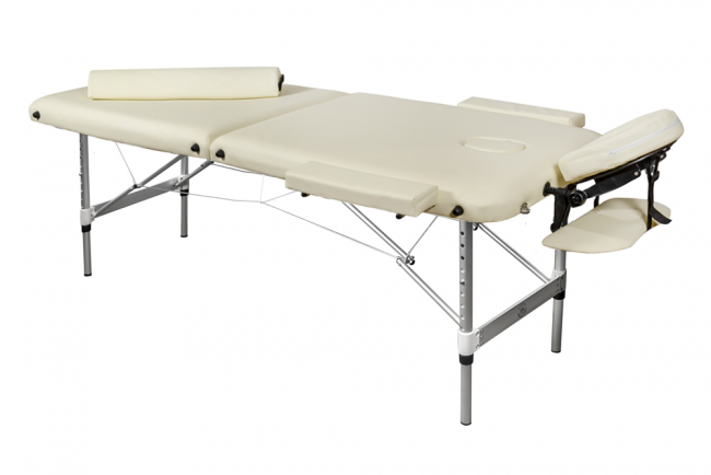 Складной 2-х секционный алюминиевый массажный стол BodyFit, кремовый 70 см (валик в комплекте) - фото2